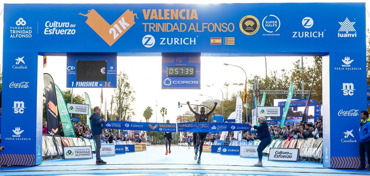d9monti's tweet photo. Kibiwott Kandie (KEN) ran 57:40 at the #ValenciaHalf this morning, the #4 time in history. Right behind him were Yomif Kejelcha (ETH) in 57:41 &amp; Hagos Gebrhiwet (also 57:41). Margaret Chelimo won the women's race in 1:04:46. Also, Carlos Mayo set a Spanish record of 59:39.
📷LOC https://t.co/rEE2irQcxB