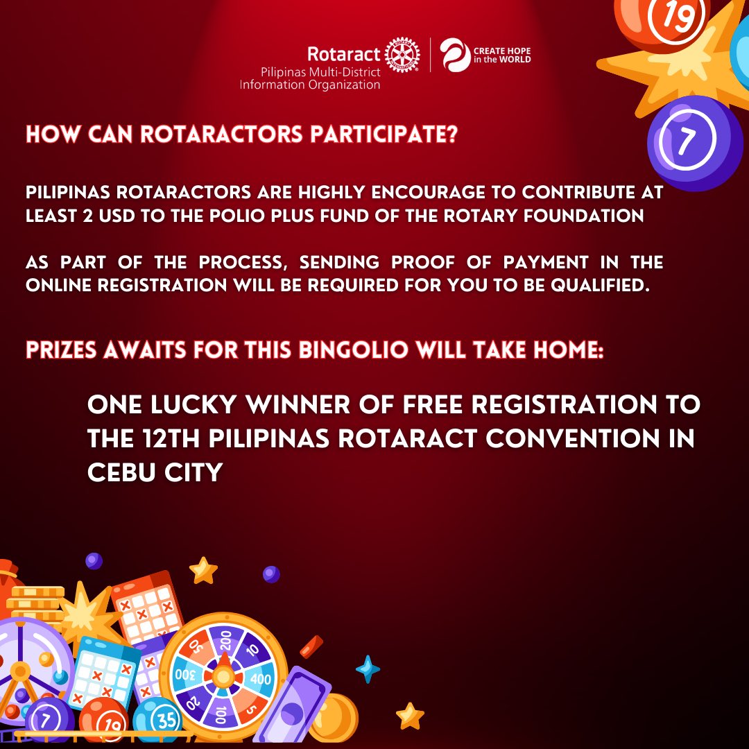 PHRotaractMDIO's tweet photo. Bingolio: Yes to Bingo! Yes to End Polio!

🗓️ October 28, 2023 (Saturday)
⏰ 8PM
📍 Zoom

How Can Rotaractors Participate?

⁃Pilipinas Rotaractors are highly encouraged to contribute AT LEAST USD2.00 to the Polio Plus Fund of The Rotary Foundation. https://t.co/LKupCvMA7o