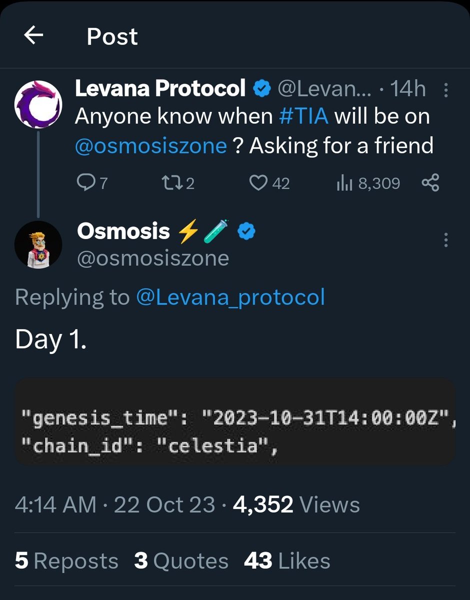 Too much alpha in one tweet. 2023-10-31 Genesis date and will be listed in Osmosis.