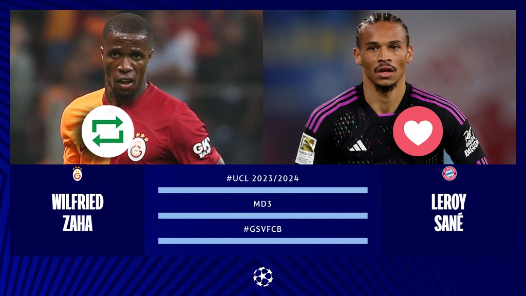 UEFA.com DE (@uefacom_de) on Twitter photo #UCL Countdown! 🙌⏱🎉
🔁 = <a href="/wilfriedzaha/">Wilfried Zaha</a> 🇨🇮
❤ = <a href="/leroy_sane/">Leroy Sané</a> 🇩🇪
#GSvFCB | <a href="/GalatasaraySK/">#5YıldızlıŞampiyon ⭐️⭐️⭐️⭐️⭐️</a> | <a href="/FCBayern/">FC Bayern München</a> #UCL Countdown! 🙌⏱🎉
🔁 = <a href="/wilfriedzaha/">Wilfried Zaha</a> 🇨🇮
❤ = <a href="/leroy_sane/">Leroy Sané</a> 🇩🇪
#GSvFCB | <a href="/GalatasaraySK/">#5YıldızlıŞampiyon ⭐️⭐️⭐️⭐️⭐️</a> | <a href="/FCBayern/">FC Bayern München</a>