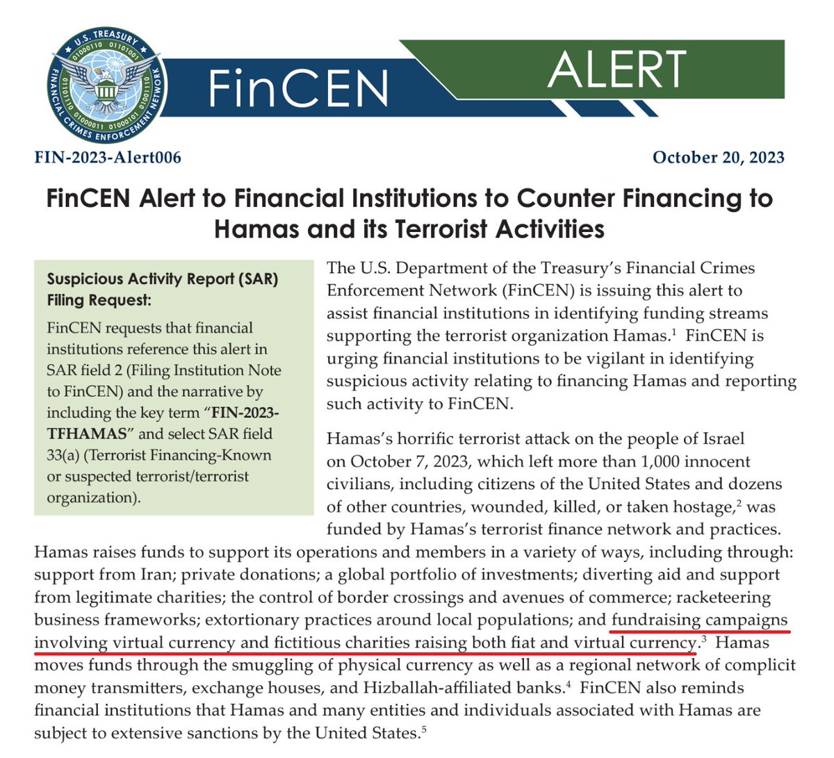 NEW: 🇺🇸 Treasury Department's Financial Crimes Enforcement Network says that 🇵🇸 Hamas’ attack on 🇮🇱 Israel was funded by streams of both fiat and crypto payments 👀
