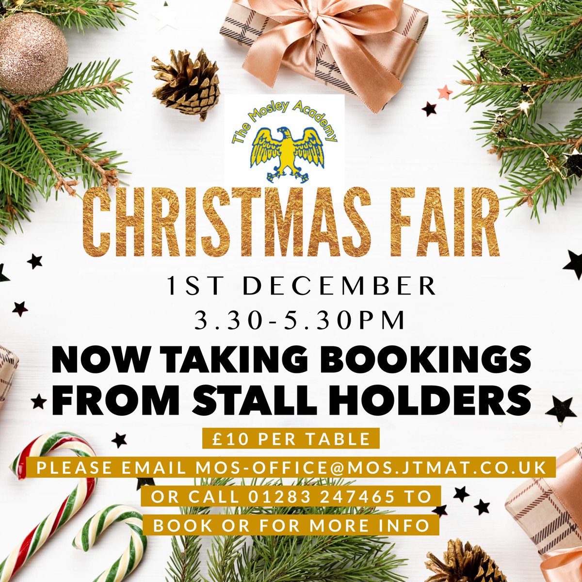 MosleyAcademy's tweet photo. We are holding our Christmas Fair on the 1st December and are now taking bookings from stall holders! 
Please contact our school office to book (or for more info) at mos-office@mos.jtmat.co.uk or by calling 01283 247465 https://t.co/4EVIYagOWI