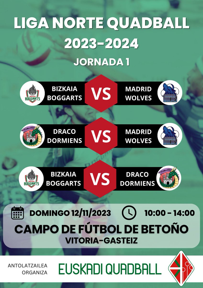 🏐 2023/2024ko Iparraldeko Quadball Liga martxan jarriko da Gasteizen!

AQEko  taldeak sailkapen-postu onena bilatzen.

<a href="/BizkaiaBoggarts/">Bizkaia Boggarts QK</a>, <a href="/madwolvesqt/">Madrid Wolves Quidditch/Quadball</a> eta <a href="/DracoDormiensT/">Draco Dormiens</a> aurrez-aurre.

Etorri azaroaren 12an Betoñuko  kirol-instalazioetara! Sarrera doan.