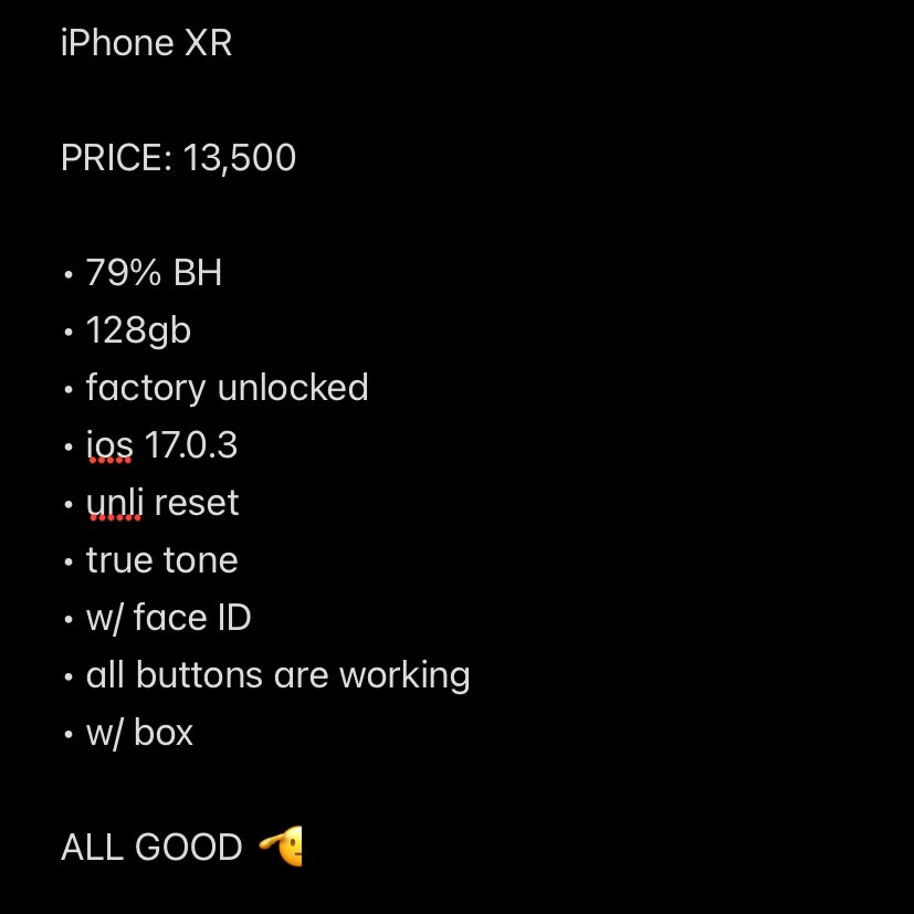 miIkychip's tweet photo. ˚⁎ ꒰ wts lfb ph ꒱ . . #shojisells

✩ iPhone XR 128gb
⤷ ₱13,500 lp 13k

ꔛ  onhand,, good condi
      x sensi, impatient
      gcash or bank transfer

. . . dm for inq  !

t. iPhone iphone cellphone xr x fs for sale ph https://t.co/IfR1nTUXIB