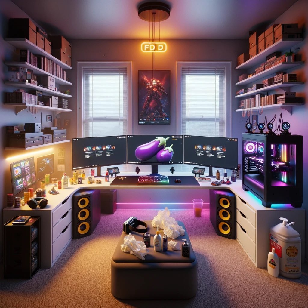 Barnacules's tweet photo. I designed my dream Nerd Cave by just describing it to AI and this is what it came up with so far 😎 What do you think? 🤔 #PCMR #BattleStations #gamingpc #nerdcave #dreamroom #dreampc #PC https://t.co/3RpCpRLJEg