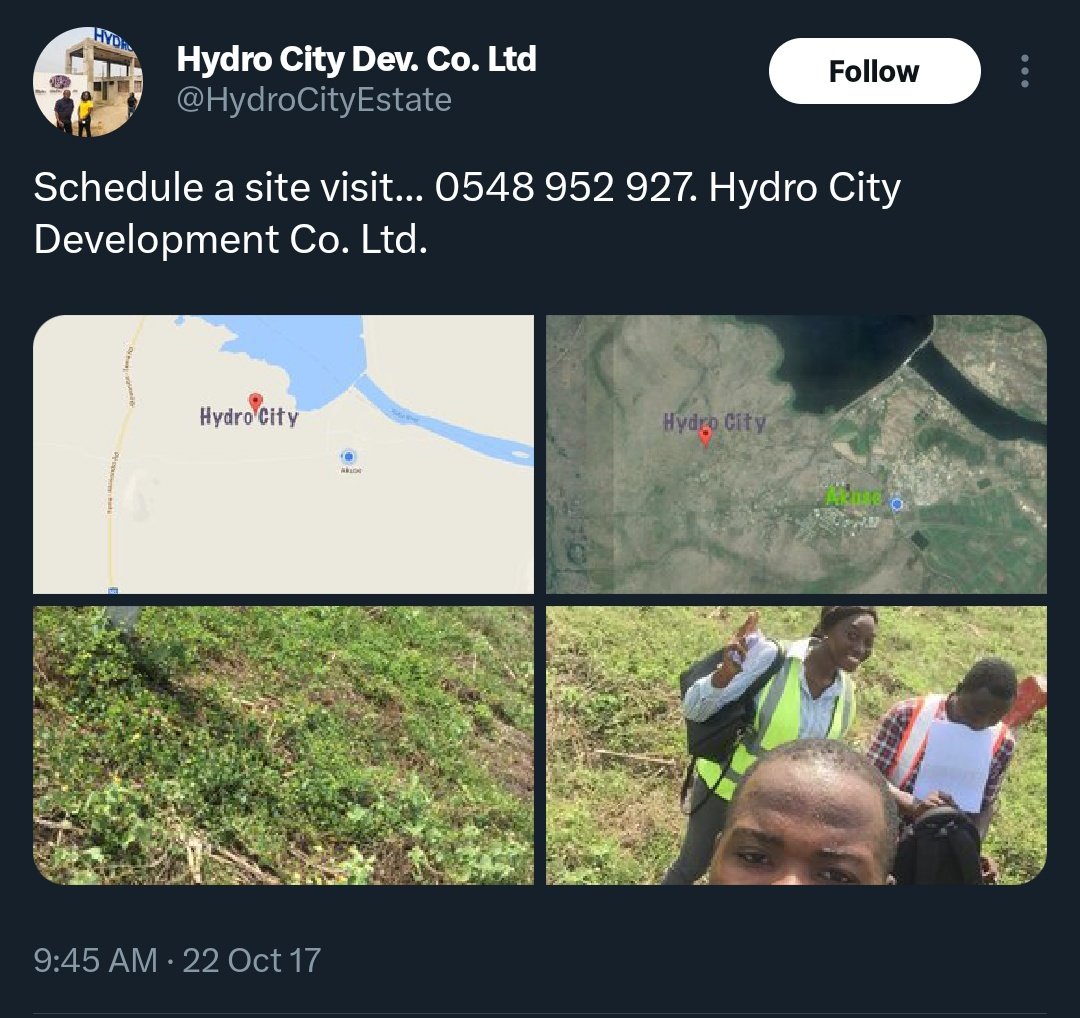 u4nor's tweet photo. A thread on our findings. "Is HydroCityEstate legit? Where are the houses built? "

The first time HydroCityEstate started advertising their offers was in 2017, on Facebook and Twitter (now X). Led by @Samuel_amanor

1/n https://t.co/zDdBmOJ4Fc
