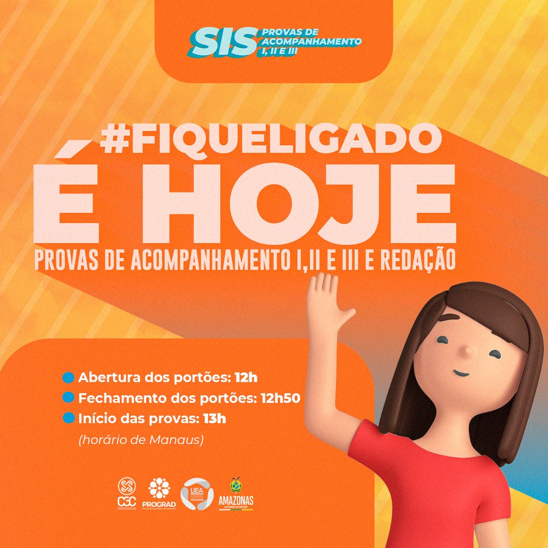 UEAmazonas's tweet image. As provas do SIS acontecem hoje. 

⚠️ Documentação:

🔏 Documento original de identidade oficial com FOTO;
🔏 Caneta esferográfica transparente com tinta na cor PRETA;

Se liga no horário ⌚

Boa sorte! 🤞🏼🤞🏿

#SIS2023 #SouMaisUEA #UEA #Amazonas