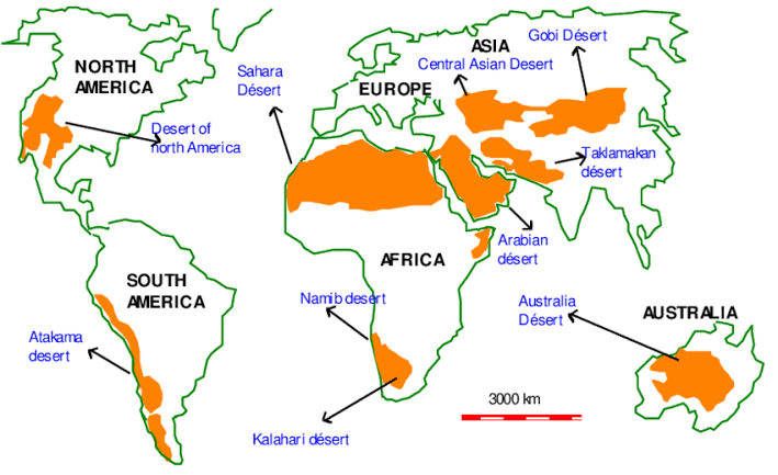 🔆Deserts across the World

✅North America

1.Great Basin  USA(Cold desert)  
2.Mojave USA  
3.Sonoran USA &amp; Mexico  
4.Chihuhuan USA &amp; Mexico 
 
✅South America

1.Atacama Chile &amp; Peru(Cool Coastal Desert)  
2.Patagonian Argentina(Cold)