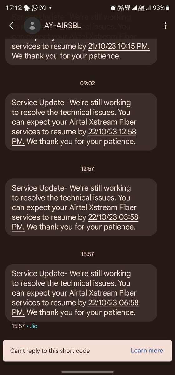 AmitSahu71's tweet photo. Wow, Airtel!
Sixth day without Internet. 
IndVsPak - No Internet 
IndVsNZ - No Internet
And generates post paid bill without wavering  days. Whats the use of post bill then?
@airtelindia 
@Airtel_Presence
#airtel https://t.co/vlnF1mf9Dx