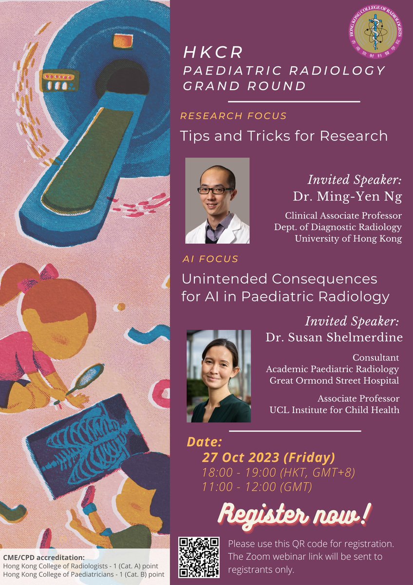 Time for Happy hour this Friday, it’s HKCR Paed Rad Grand Round! Join Dr Ming-Yen Ng @mingyen_ng and Dr Susan Shelmerdine @SusieShels at 1800HKT/1100GMT on Oct 27 and learn the latest on research and AI us02web.zoom.us/webinar/regist…