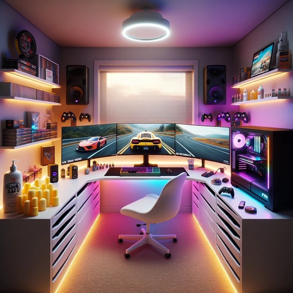 Barnacules's tweet photo. This is a little cleaner, subtle build 🙏 I also made the chair, desk and carpet off white colors to avoid stains from showing up 😉 #NerdCaveParadise #TechHeaven #UltimateSetup #GadgetGalore #FutureTechToday #DeviceDen #GeekOasis #NextGenNook #ModernTechTrove #AllThingsTech #CaveOfWonders #TechSanctuary #EveryDeviceDream #CuttingEdgeCave #TechLoversLair #PC #AI #ChatGPT #DALLE3 #StableDiffusion