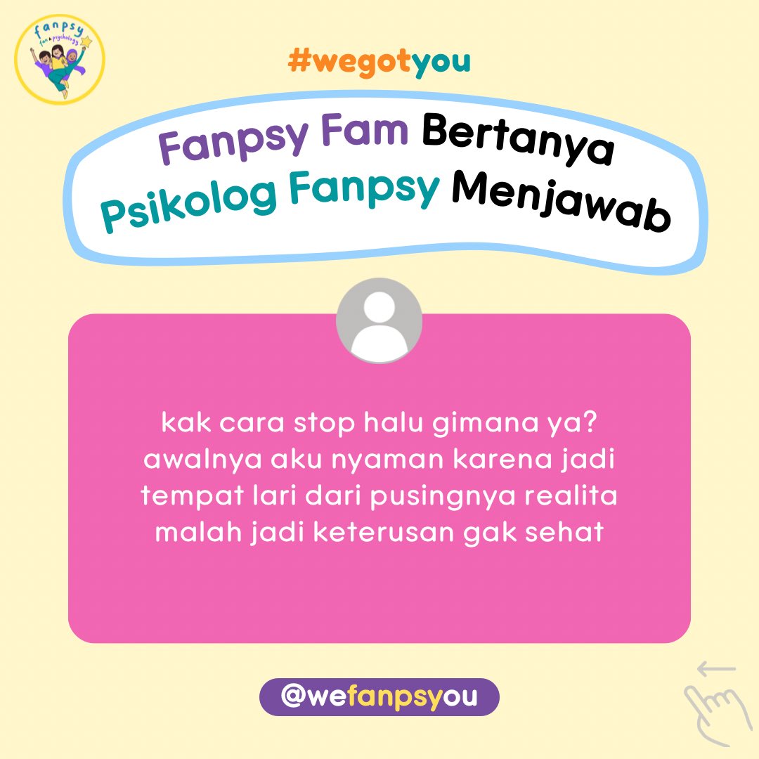 wefanpsyou's tweet photo. "kak cara stop halu gimana ya? awalnya aku nyaman karena jadi tempat lari dari pusingnya realita malah jadi keterusan gak sehat" - Dengan kamu sadar: (1) cara halu kamu di tahap gak sehat dan (2) alasan awal kamu ngehalu, itu sudah langkah pe... #tellonym  https://t.co/VUOKw9rooO https://t.co/REojzFd75e