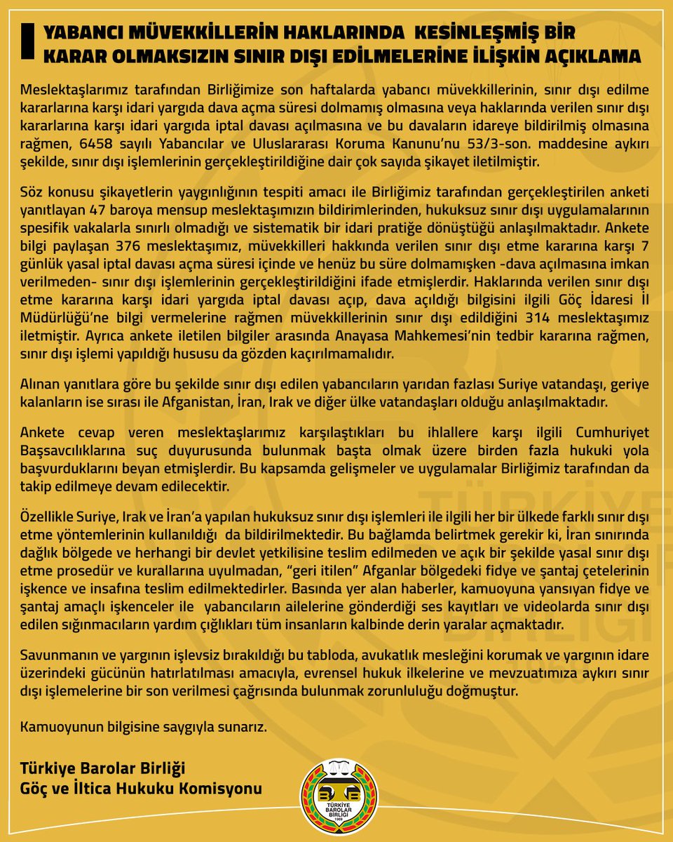 Yabancı Müvekkillerin Haklarında  Kesinleşmiş Bir Karar Olmaksızın Sınır Dışı Edilmelerine İlişkin Açıklama

👉 tbb.av.tr/1005