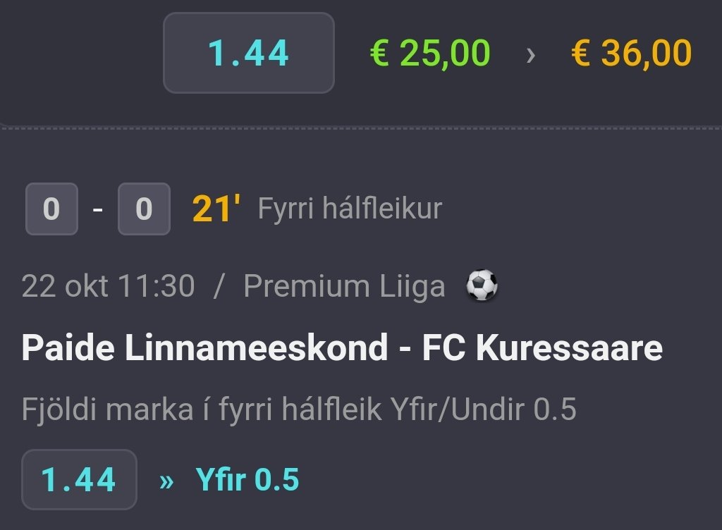 Let's try again!

€25 - €1000 Challenge 
Bet 1
Paide Linnameeskond - FC Kuressaare
Estonia
Over 0.5 FHG⚽️
Odds 1.44
€25 returns €36💰