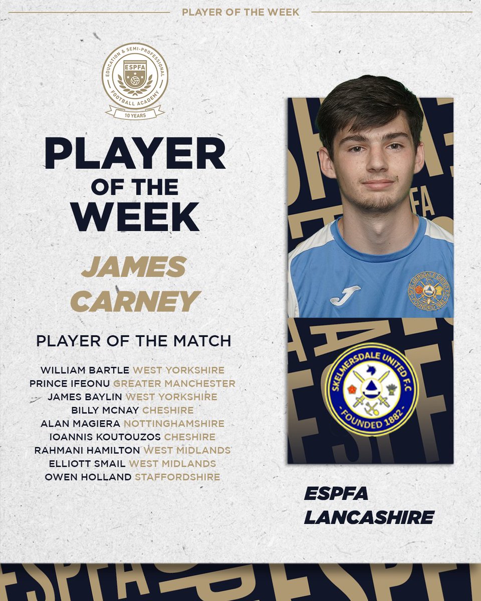 ESPFAcademy's tweet photo. Congratulations to second year ESPFA Lancashire student James Carney who has been named 'Player of the Week' from #MatchweekFour
The @Skemutdofficial striker's hat-trick was the difference in his sides 3-1 win over ESPFA Greater Manchester (@MossleyAFC)
Also highlighted are the 'Player of the Match' for each team that took part last week.
Congratulations to all who have been nominated by their coaches.