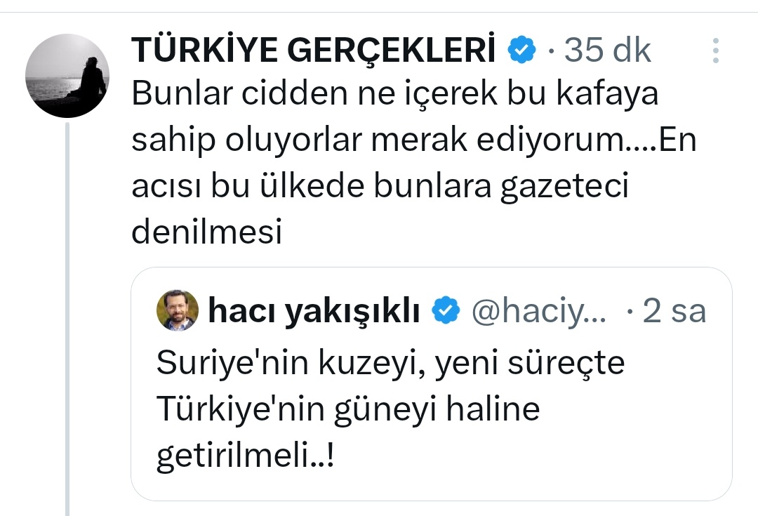 haciykk's tweet photo. Şahsı yok, ismi yok; "Türkiye" diye isim alıp adetâ Türkiye aleyhine çalışıyorlar!
Suriye'nin kuzeyi PKK/YPG'den temizlenip tıpkı Türkiye'nin güneyi gibi güvenli olacak; ama bunu "hayal, kafa" gören bir operasyoncu zihniyet var!
Alçaklık..! https://t.co/YFHebOuwAF
