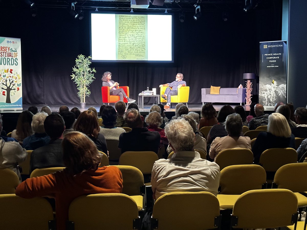 JonSocrates's tweet photo. Talking about the subjects of my script TRESPASSERS – Claude Cahun and Marcel Moore – at the Jersey Festival of Words. 
Interviewed by legendary art director Steve Carter.

Next stop – 🌴Between Two Ferns🌴 https://t.co/DU1HuaSAqk