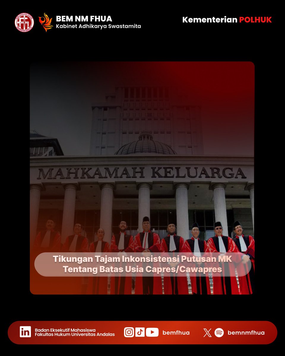 bemnmfhua's tweet photo. Halo Warga Negara FHUA!

Polemik batas usia calon presiden dan wakil presiden berakhir dengan sebuah kejutan yang mana di putuskannya permohonan MK tertanggal 16 Oktober 2023, di ruang sidang MK.

Simak Thread berikut ini!
#MahkamahKeluarga
#PutusanMK
#BatasUsiaCapresCawapres https://t.co/ebv1CD2uKe