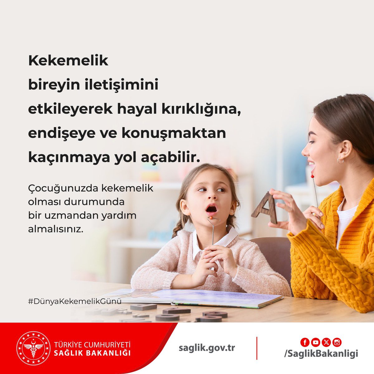 saglikbakanligi's tweet photo. Kekemelik normal konuşma akışındaki aksamalar veya kesintilerle karakterize bir konuşma bozukluğudur. Genellikle çocukluk çağında başlar ve yetişkinlikte de devam edebilir. Bireyin iletişimini etkileyerek hayal kırıklığına, endişeye ve konuşmaktan kaçınmaya yol açabilir. Çocuğunuzda kekemelik olması durumunda bir uzmandan yardım almalısınız.
#DünyaKekemelikGünü