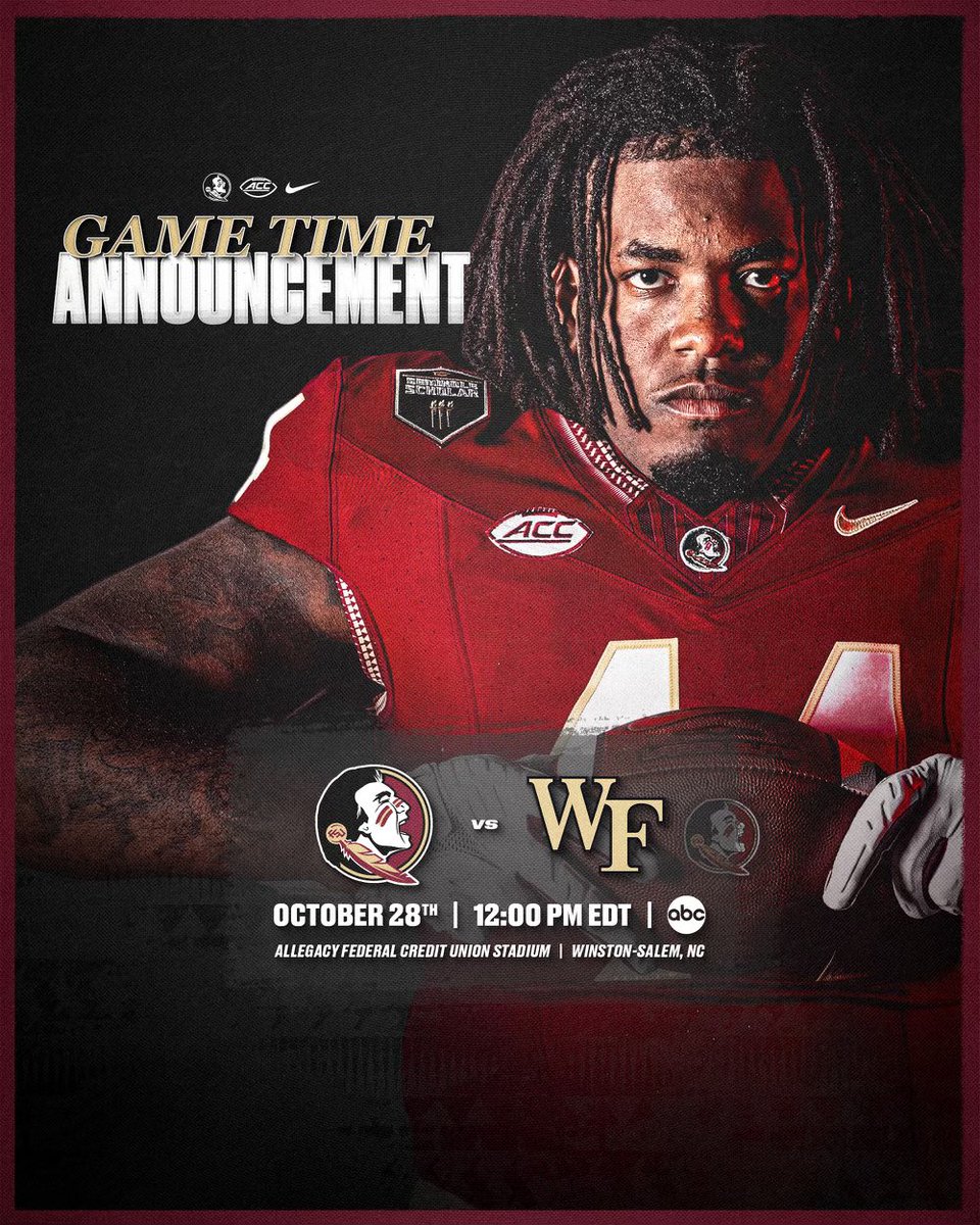 This week’s game at Wake Forest has been selected for a noon kickoff on ABC

Florida State is playing on ABC for the 7th time through the first 8 games 

#NoleFamily | #KeepCLIMBing