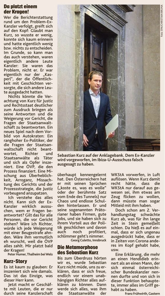 wenn einmal auf der leserbriefseite der kronen zeitung ein ex-politiker derart niedergeschrieben wird, dann kann der sich ein comeback wirklich einrexen.

das ist die art, wie die krone-redaktion dem ex-ex-kanzler mitteilt:
sebastian - es ist vorbei

#Kurzprozess #kurz