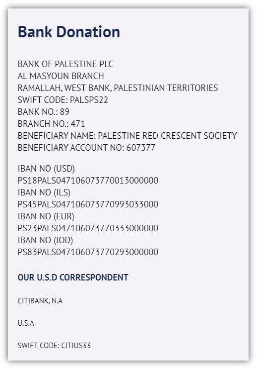 PalestineRCS's tweet image. 🚨@Plaestinercs website is temporarily 
not reachable from outside Palestine. If you are willing to send bank donations, please see below the wire transfer info:👇
#HumanitarianAid 
#Gaza