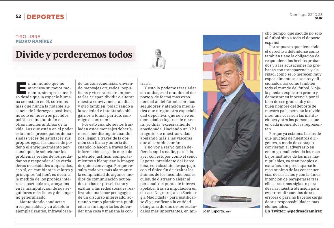pedroadramirez's tweet photo. De quienes convierten al adversario en enemigo para enaltecer los ánimos de los hooligans, desviar la atención y evitar asumir responsabilidades sin preocuparles las consecuencias. Si te apetece, hoy en @SURDeporte DIVIDE Y PERDEREMOS TODOS undefined
https://t.co/3m3RtLG0HR https://t.co/0ahhTAoZWl