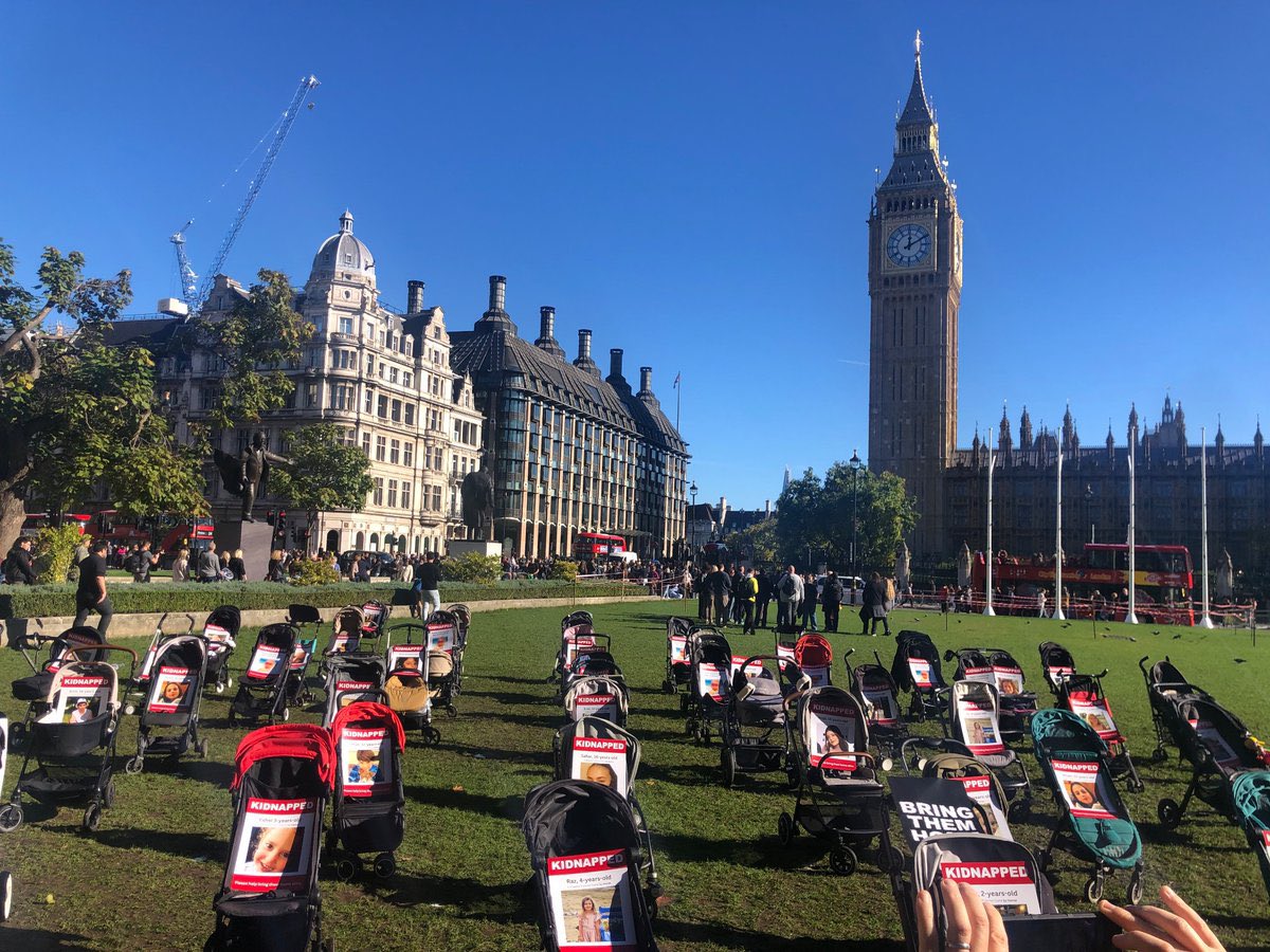 Empty strollers displayed outside of Parliament in London as a stark reminder of the Israeli babies and children being held hostage by Hamas 💔