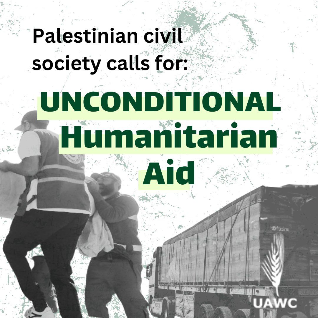Civil Society Organizations call the international community for UNCONDITIONAL humanitarian aid for Gaza. 

Read fill Open Letter: uawc-pal.org/news.php?n=361…