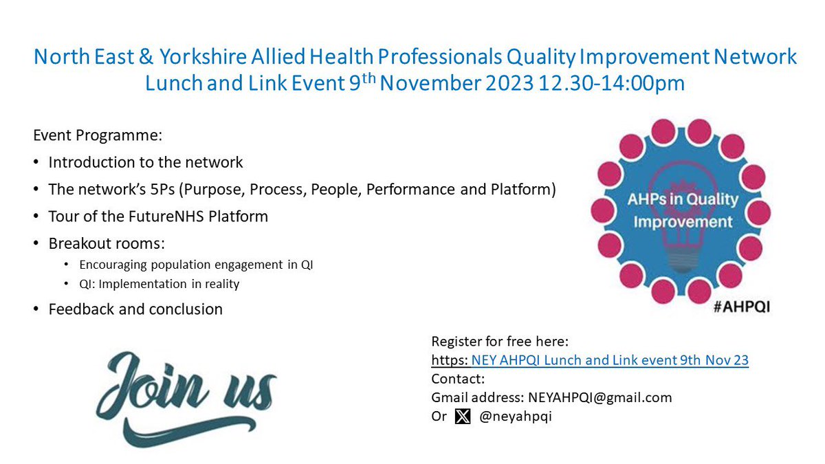 Are you an AHP interest in QI? Come join our @neyahpqi network! Next online event (NEYAHPQI Lunch & Link) is on the 9th Nov 12.30 - 2.00. link: eventbrite.com/e/northeast-yo… Please share @neyahpqi @ahpqi #AHPQI @hnyahpfaculty @SYB_ICS_AHPs @WYAHPCouncil @WY_AHPFaculty @NENCAHPs
