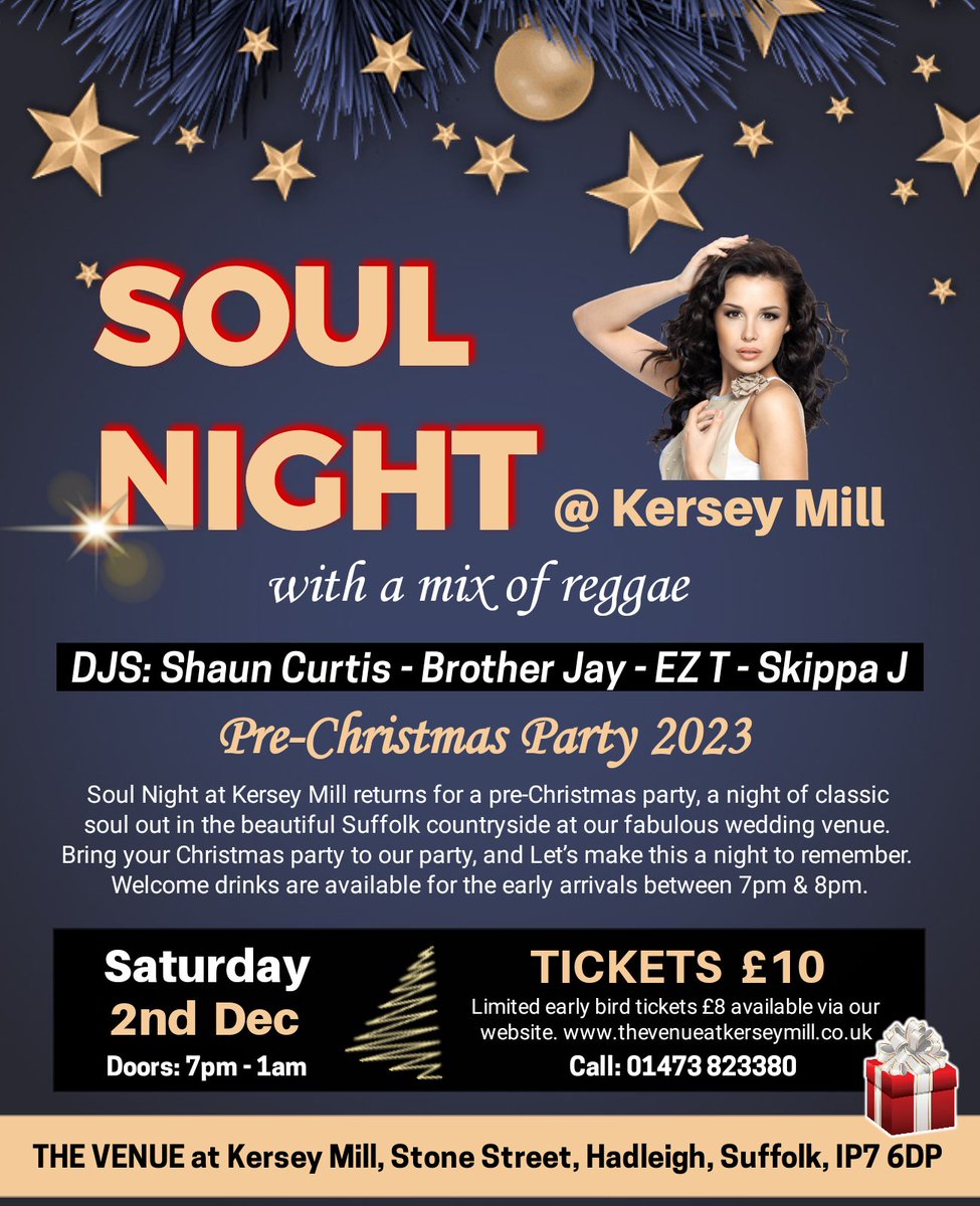 Looking forward to Soul Night at Kersey Mill with a mix of reggae. Saturday 2nd December 2023.
