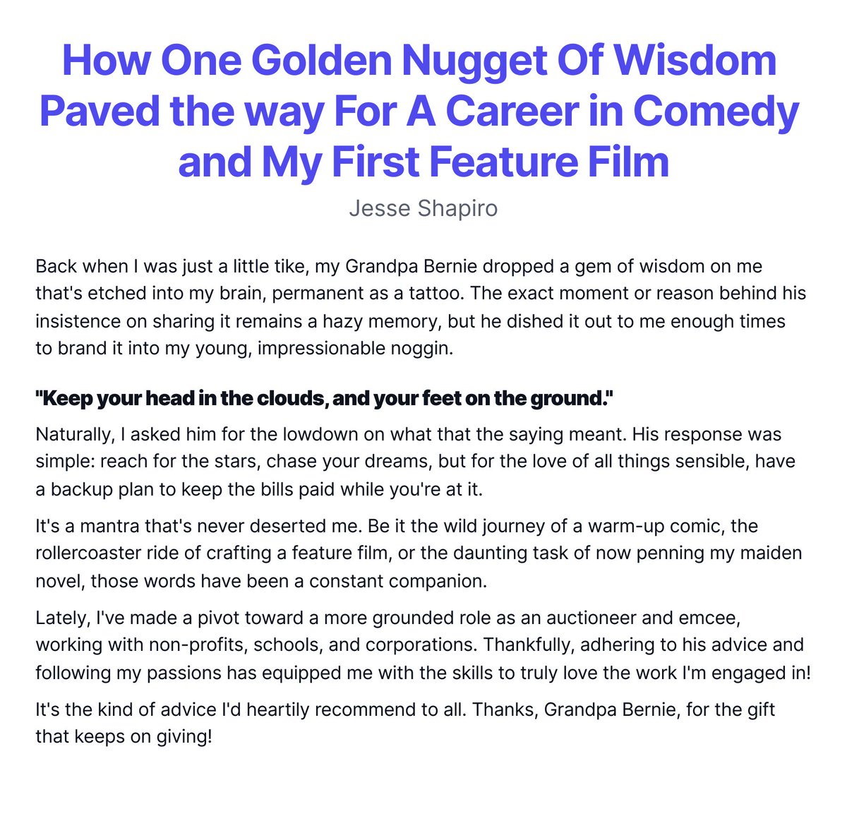 jesseshapiro's tweet photo. How One Golden Nugget Of Wisdom Paved the way For A Career in Comedy and My First Feature Film https://t.co/MHtcRE9gOw