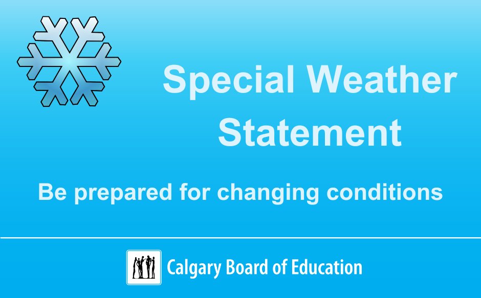 Calgary is under a special weather statement with the first snowfall of the season expected on Monday. These changing conditions can make getting to and from school more challenging. Make sure your child is prepared for all weather conditions. ow.ly/IzZ850PZrTY #WeAreCBE