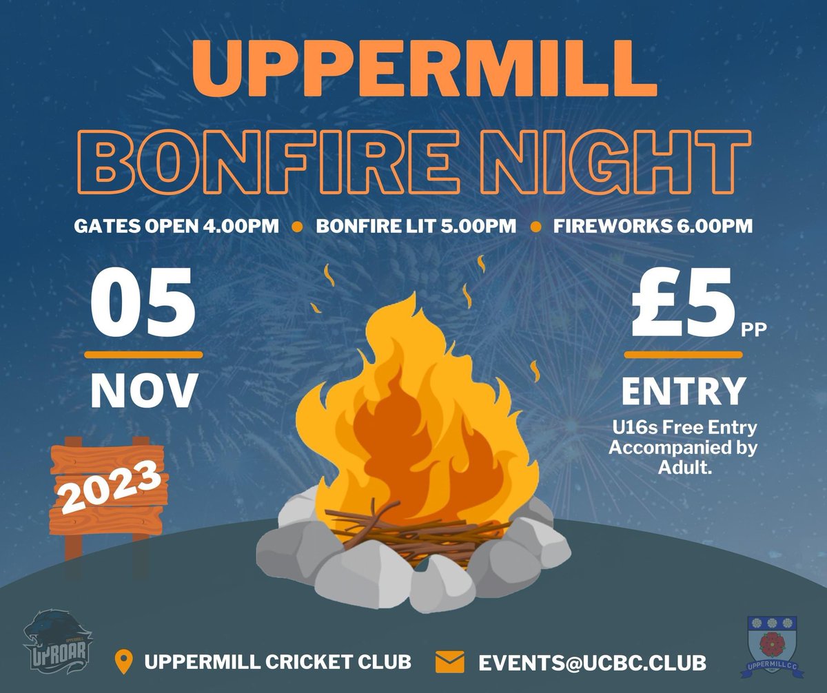 🚨Saddleworths biggest and best bonfire night is back for 2023🚨

🎆 Gates will be open from 4.00pm with the bonfire being lit at 5.00pm. The fireworks will be lit approximately an hour later at 6.00pm. 

Bring family and friends and make sure to not miss out on this great night.