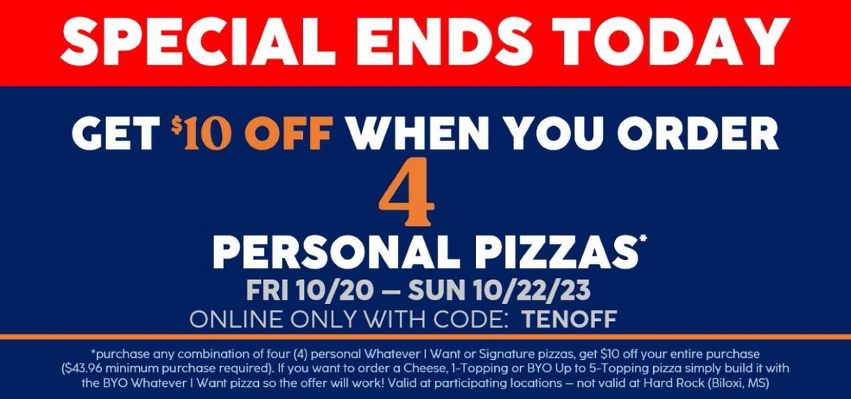 Get $10 off when you order 4 personal pizzas! 🚀 Use code TENOFF at checkout - Valid on ONLINE ORDERS ONLY at order.thanx.com/piefivepizza *purchase any combination of four (4) personal Whatever I Want or Signature pizzas, get $10 off your purchase ($43.96 minimum purchase required).