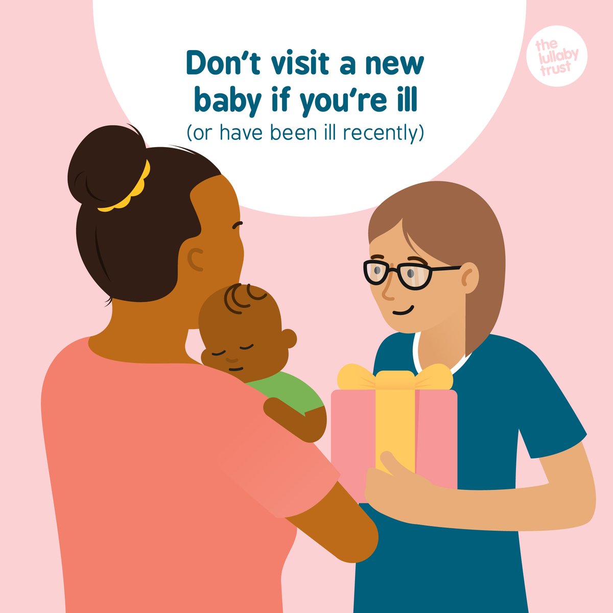 Achoo! 😷 It’s important not to visit a baby if you are ill or have been ill recently. Infections that might be mild in older children or adults can be life-threatening for babies. So, even if you just feel unwell, it’s best not to visit and rearrange for when you are recovered.