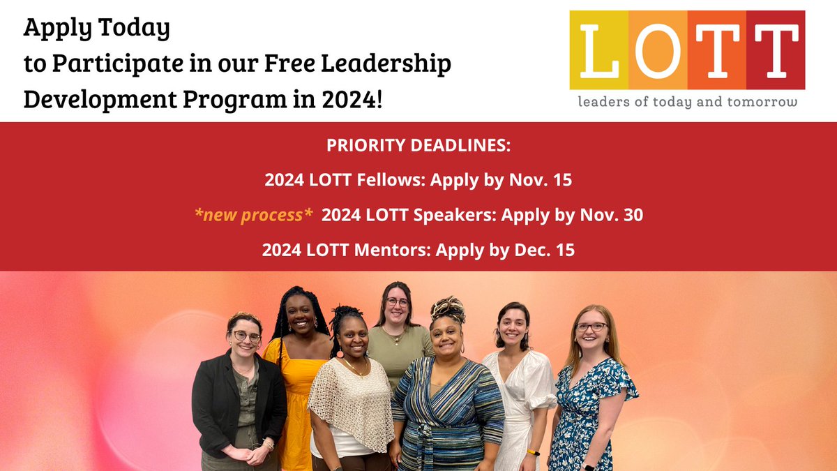 Seize your chance to be a part of something extraordinary in 2024: Leaders of Today and Tomorrow! 

Applications are due soon for our free leadership development program that empowers and ignites the leadership journeys of Twin Cities women. Apply today!

wearelott.org
