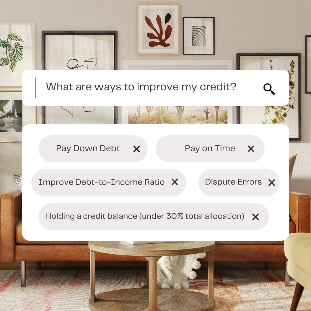 Here are a few ways to improve your credit score prior to house hunting. 

➡️ Pay down debt 
➡️ Pay on Time
➡️ Improve your Debt-to-Income Ratio
➡️ Dispute Errors
➡️ Holding a credit balance (under 30% total)

#creditscore #homebuyer #homebuyingtips #mortgageagent