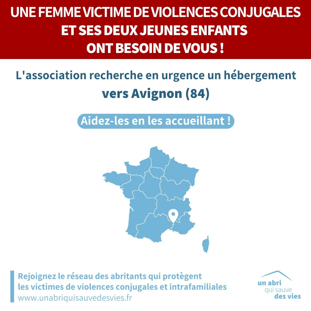 ⚠️ URGENCE VIOLENCES CONJUGALES ⚠️

L'association est à la recherche d'un hébergement le plus vite possible autour📍d' <a href="/Avignon/">Avignon</a> pour une femme victime de #ViolencesConjugales et ses deux  enfants.

Pour les aider, vous pouvez les accueillir quelques jours, selon vos dispos.