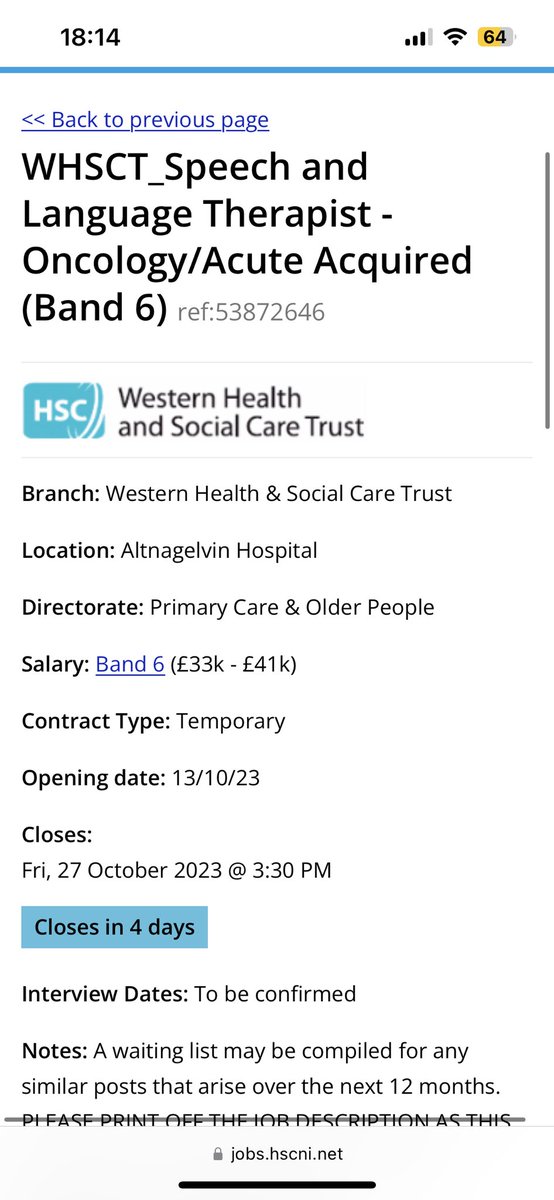David Curtin (@davidcurtinslt) on Twitter photo Come and join our friendly and forward thinking team: full time Band 6 SLT post. Temporary for 2 years. Split week, 1/2 in head and neck oncology and 1/2 in general acute. Excellent opportunity to diversify & develop new skills <a href="/UnaIsdell/">Una Isdell</a> @orlagh_stewart
jobs.hscni.net/Job/30176/whsc… Come and join our friendly and forward thinking team: full time Band 6 SLT post. Temporary for 2 years. Split week, 1/2 in head and neck oncology and 1/2 in general acute. Excellent opportunity to diversify & develop new skills <a href="/UnaIsdell/">Una Isdell</a> @orlagh_stewart
jobs.hscni.net/Job/30176/whsc…