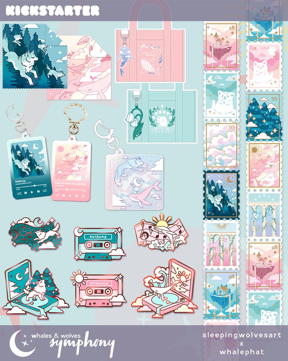 5 Days left to back another #WhalesandWolves collab series on Kickstarter by <a href="/whalephat/">Whalephat 🖤</a> and <a href="/SleepyWolfArt/">SleepingWolvesArt</a> full of original pins, acrylic charms, washi tape, embroidered mini totes, jet tags, stickers, and cleaning cloths!

Kickstarter Link: kck.st/45lLnvy