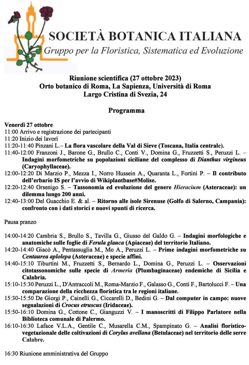 PLANTSEED_unipi's tweet photo. Cinque membri del nostro gruppo parteciperanno alla riunione annuale del Gruppo per la Floristica, Sistematica ed Evoluzione della Società Botanica Italiana, che si svolgerà a Roma il prossimo 27 ottobre all'Orto Botanico.
#italia #floristica #sistematica #evoluzione #botanica https://t.co/EHkaY8PPaK