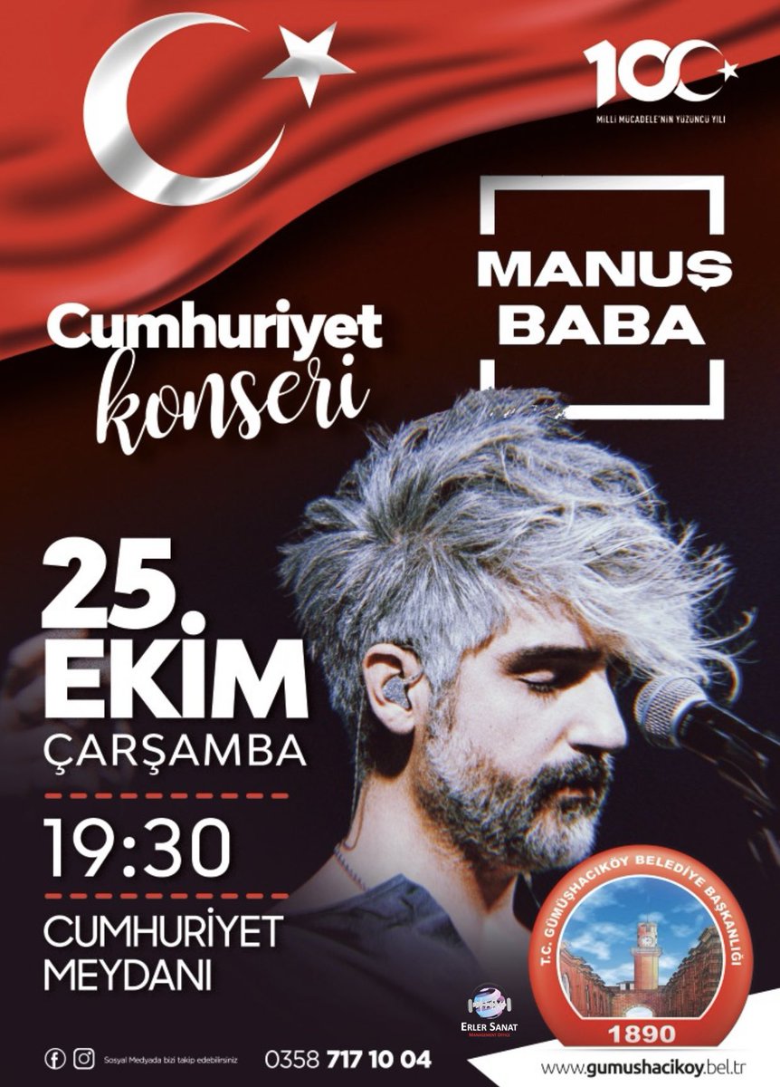 Manuş Baba 25 Ekim Çarşamba
Amasya Gümüşhacıköy’de.
#manuşbaba #konser #amasya #gümüşhacıköy #gümüşhacıköybelediyesi #Cumhuriyet100yaşında #cumhuriyetkonseri #erlersanat