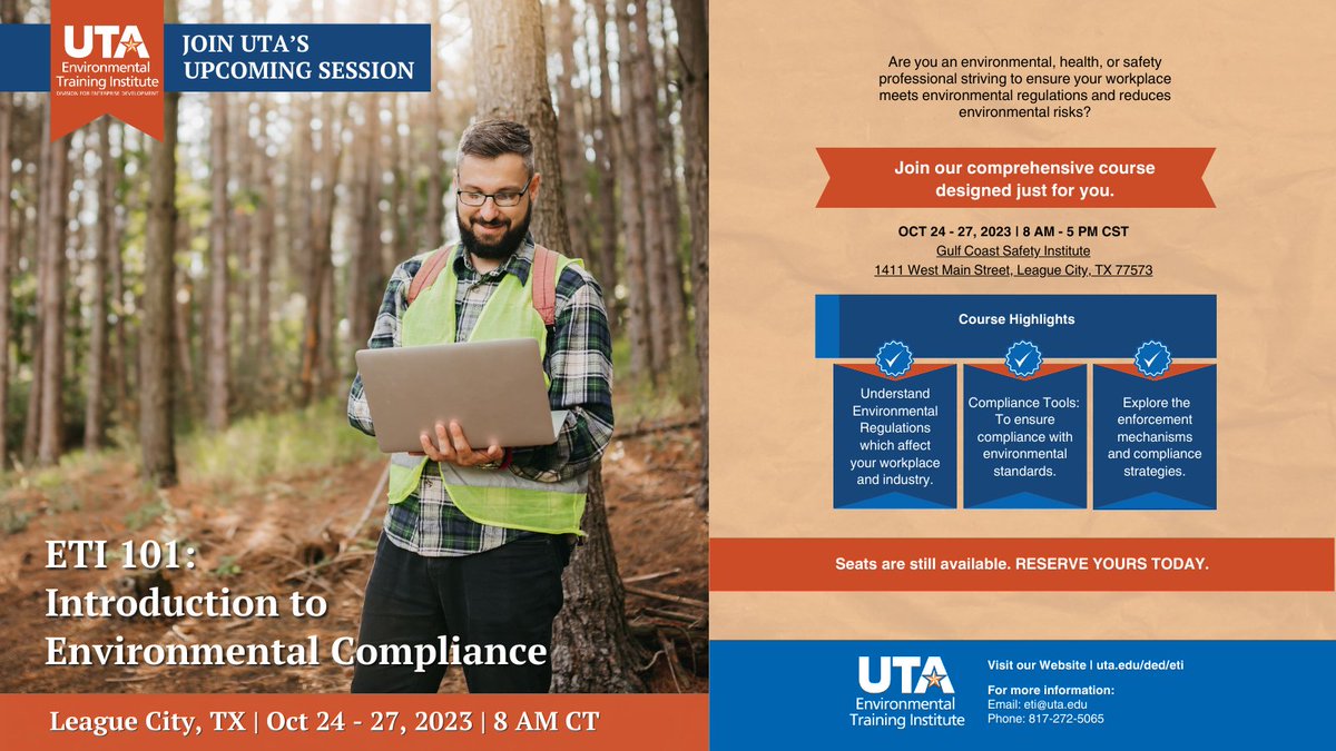 UTA_ETI's tweet image. Explore the essentials of environmental compliance in our October 24-27, 2023 course. Embrace eco-conscious practices and register now!  
ow.ly/osVz50PXTns
#EnvironmentalCompliance #LearnGreen