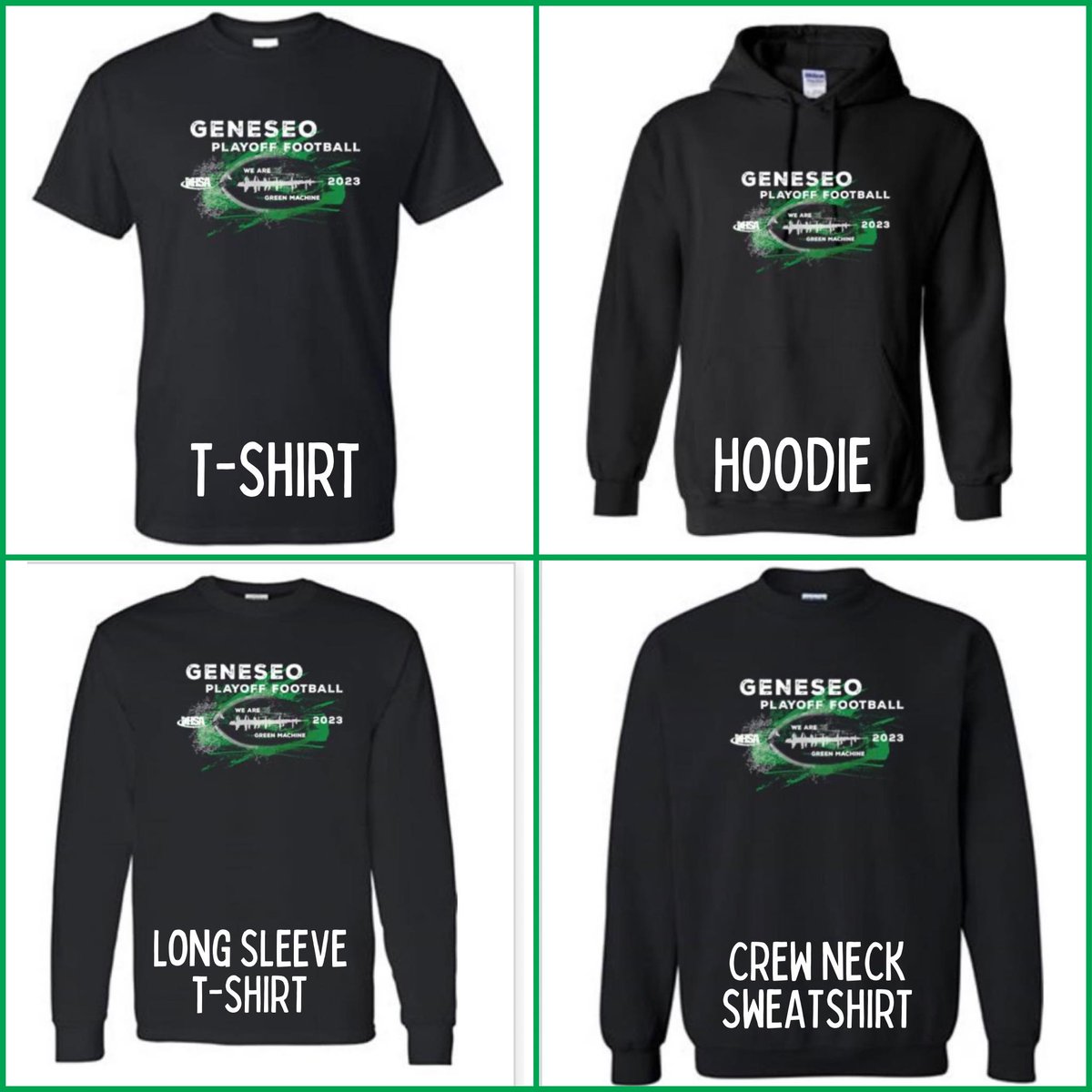 mcraterfield's tweet photo. GREEN MACHINE PLAYOFF SPIRIT WEAR! https://t.co/PmnMCyAP2C

- Orders close Mon. 10/23 @ Noon.
- Pick-up is tentatively Thur. 10/26 @ All-In-Stitches. 

@geneseofootball @greenmachinefb @JeremyMosierGHS @athleticsGHS @Ryerson_Tom @LarryJohnsen11  @bhofer24 @GeneseoCurrent https://t.co/lYmL0HtHrw