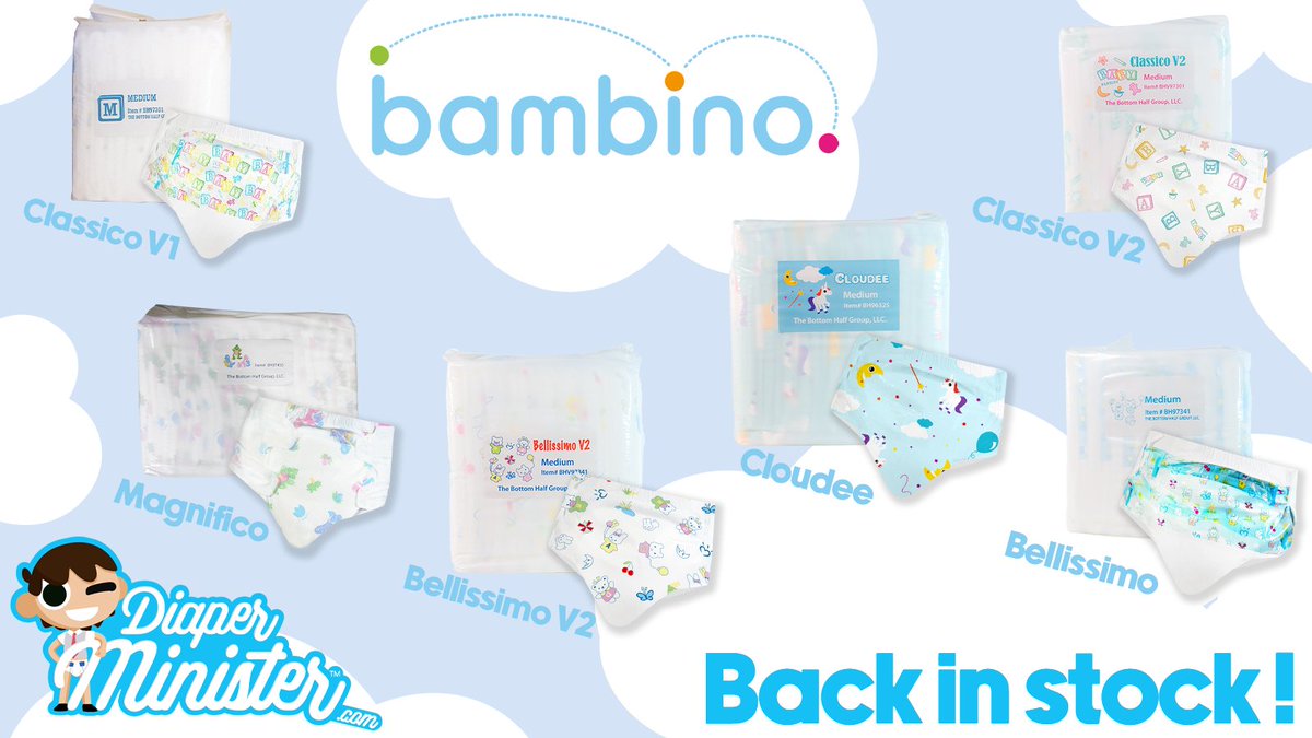 DiaperMinister's tweet photo. The famous ABDL brand Bambino is back in stock by https://t.co/yiC5TcxjJ4 ! 
Enjoy the Classico , Bellissimo, Cloudee and the Magnifico for a fair price ! https://t.co/VZeWhOEdhY