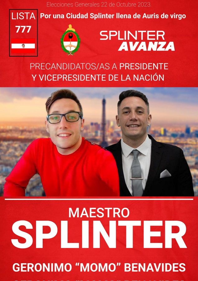 VOTEN CON CONCIENCIA.

VOTEN A SPLINTER AVANZA 

CANDIDATURA DE <a href="/OOC_Momo/">Maestro Splinter</a> POR LA CIUDAD SPLINTER