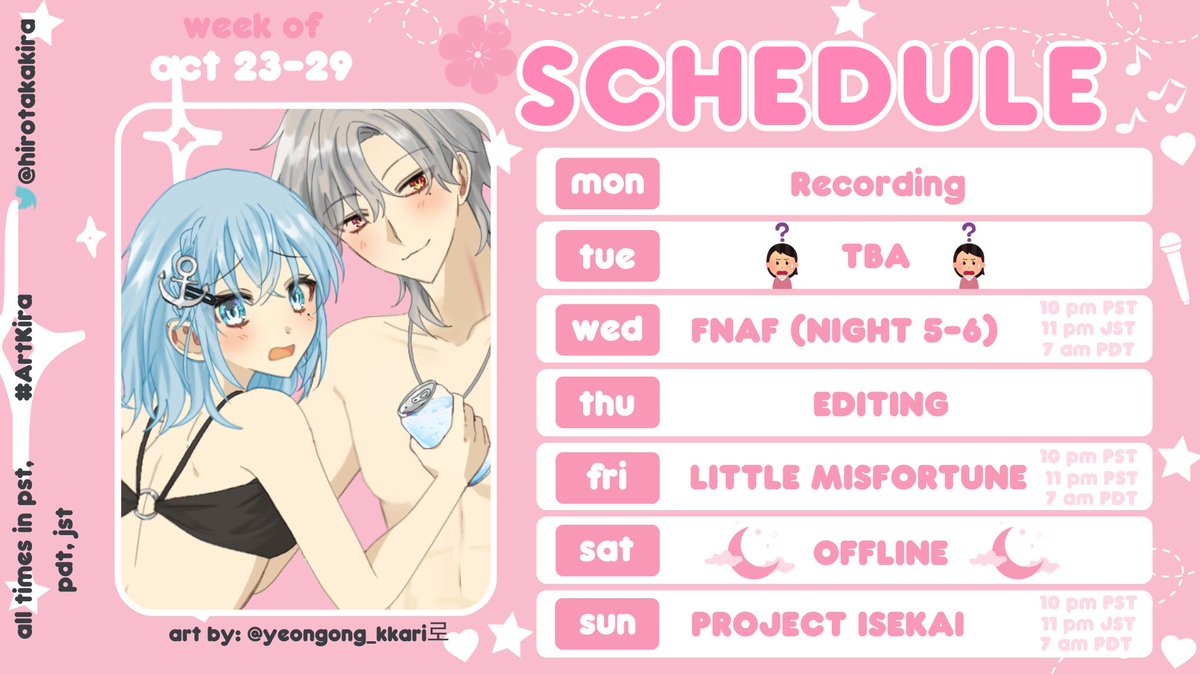 akirahirotakaYT's tweet photo. 【Weekly Schedule & Hashtag】
oct 23-29
busy week 😔 ill kms
Oshi Mark: 🦁🌱
General: #AkiraHirotaka
🛑 LIVE: #AkiLIVE
📹 VID: #AkiVID
💃🏻 Tiktok: #AkiTOK
📎 Clips: #ClipsKira
🦁 Fan name: #KiLites
💌 Fandom: #Akult
🎨 Art Tag: #Artkira
😂 Meme Tag: #KiraMemes
👗 Asset: #Akiset https://t.co/qFrBxYgQ6l