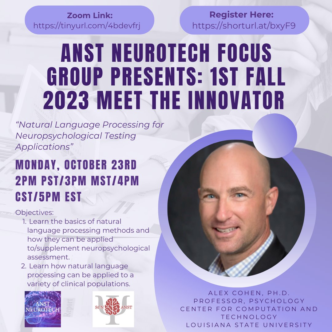 🚨🚨TODAY at 2pm PST/5pm EST 🚨🚨 

Join us for Dr. Alex Cohen's talk on natural language processing for neuropsych testing as part of our Meet the Innovator series!

Zoom Link: tinyurl.com/4bdevfrj