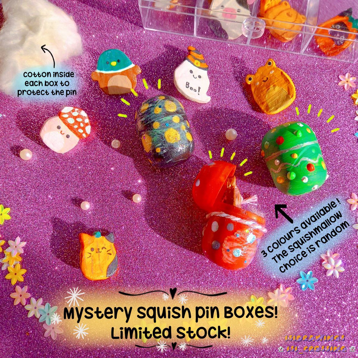 isidrawings's tweet photo. 💥🎃SHOP UPDATE🎃💥

More spooky squish pins AND my first mystery boxes!!

Wisp’s pin too!! 👻

#Squishmallows #AnimalCrossing #kofishop #spookypin #claypins #kofishop https://t.co/GG5IV5muvU